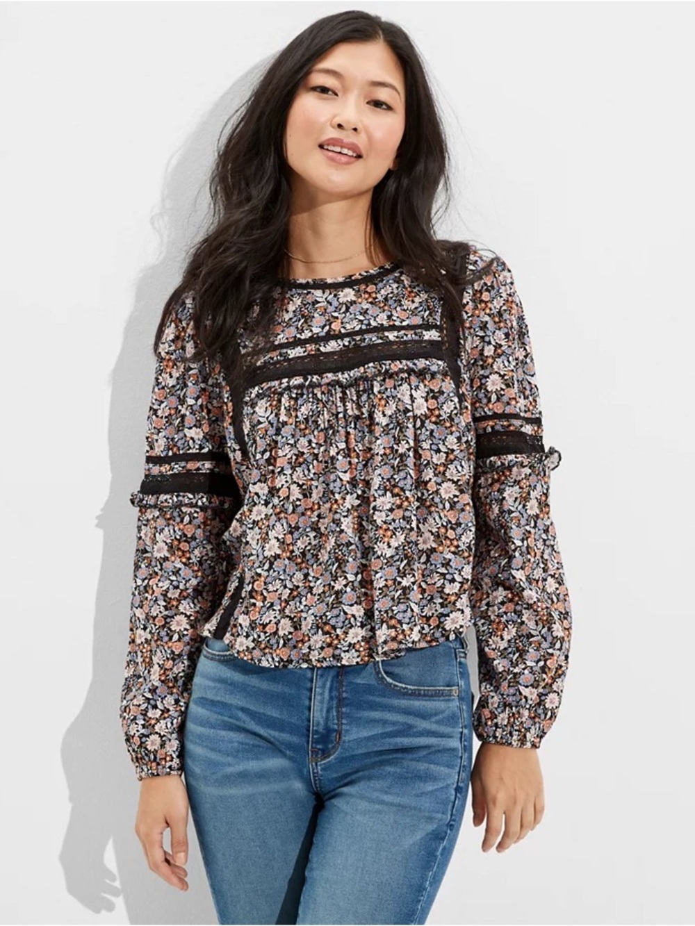 American Eagle Floral Long Sleeve Blouse Black Lace Trim Boho Top SZ M Babydoll